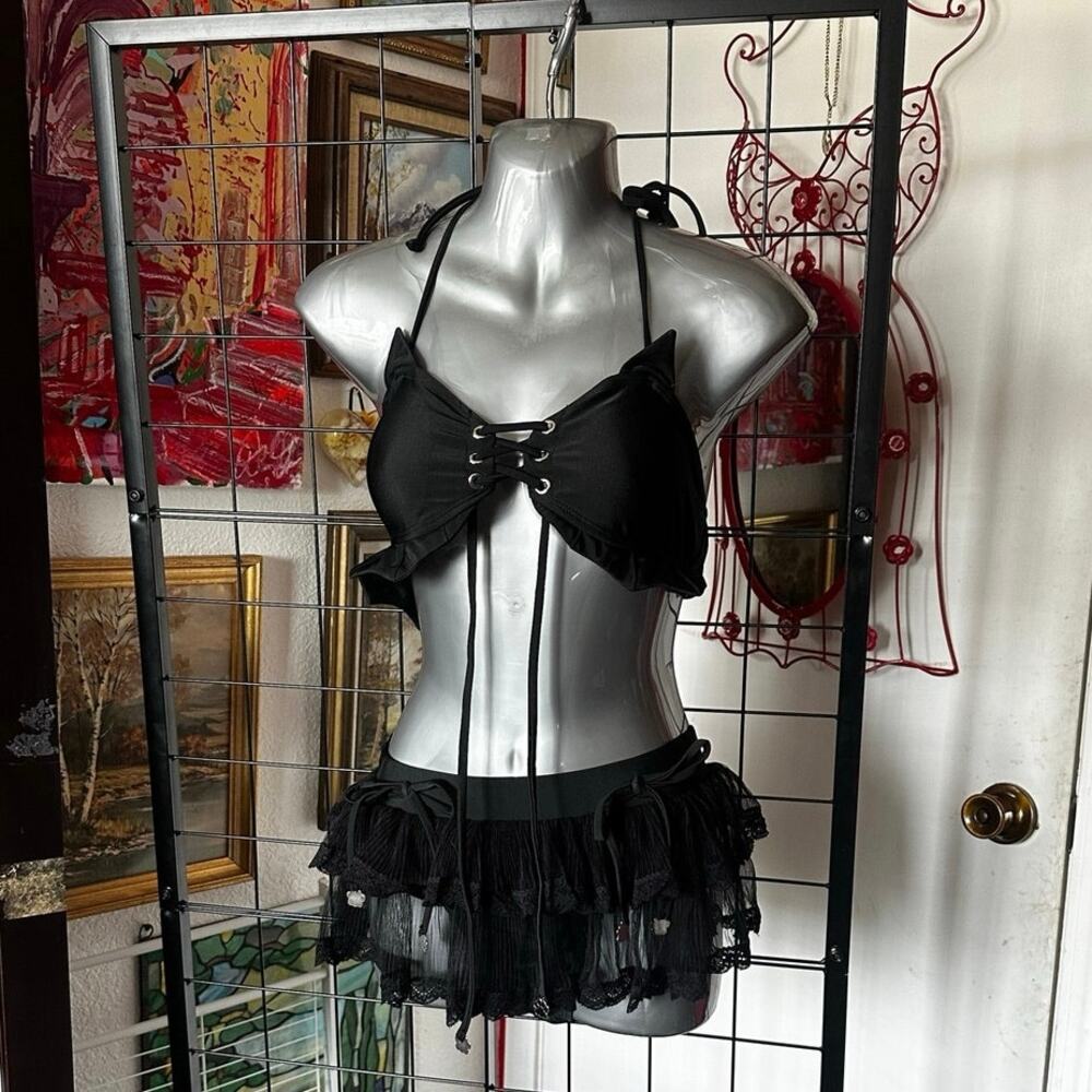 meowcos cat themed black two piece swimsuit